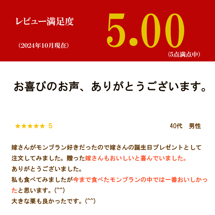 モンブラン レビュー1 満足度 お客様評価 5.00 美味しいモンブラン
